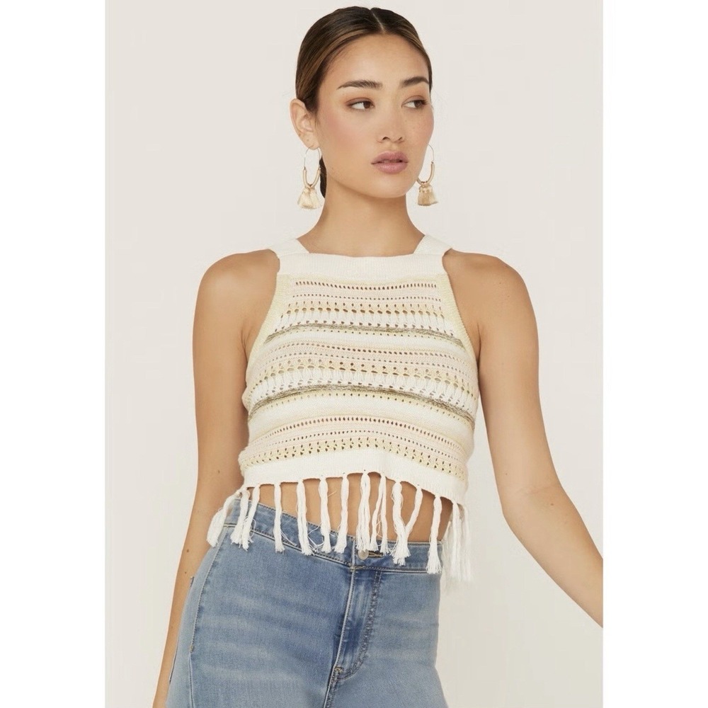Shyanne Cream Striped‎ Boho Knit Crochet Fringe Halter Crop Top Size XS